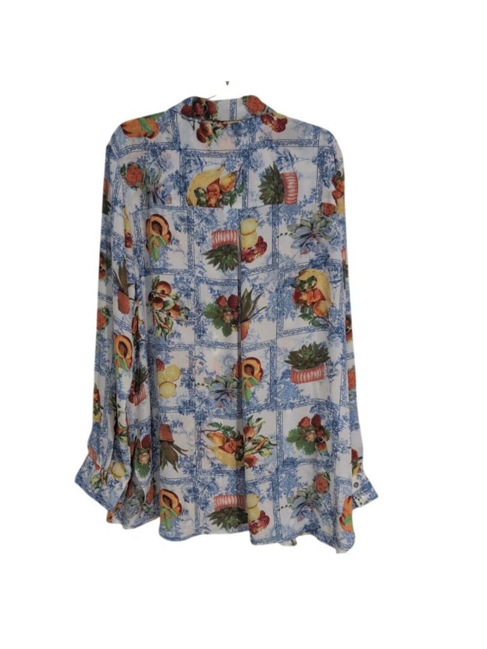 Rose & Olive Floral Fruit Shirt Womens Size XL Blue Patchwork Camp 3/4 Sleeves - Picture 8 of 9